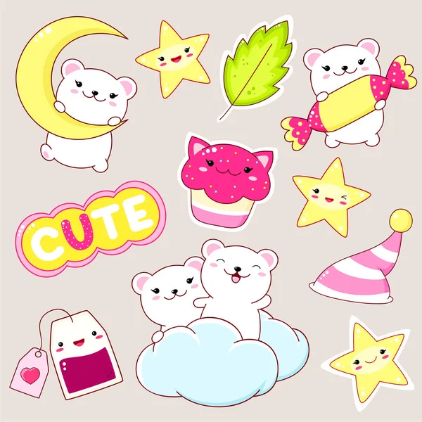 Ensemble de stickers ours polaires mignons dans le style kawaii — Image vectorielle