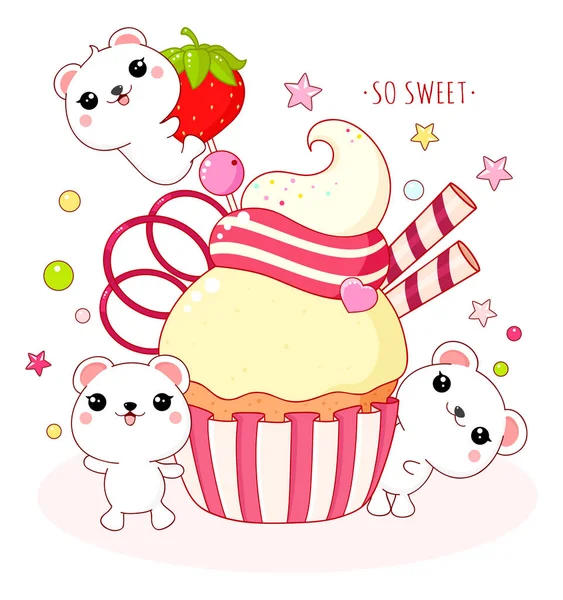 딸기 컵 케이크와 사랑스러운 북극곰 — 스톡 벡터