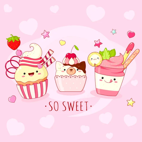 有趣的背景与可爱的甜图标在Kawaii风格与笑脸和粉红色的脸颊 铭文如此甜蜜 冰沙和纸杯蛋糕 Eps8 — 图库矢量图片