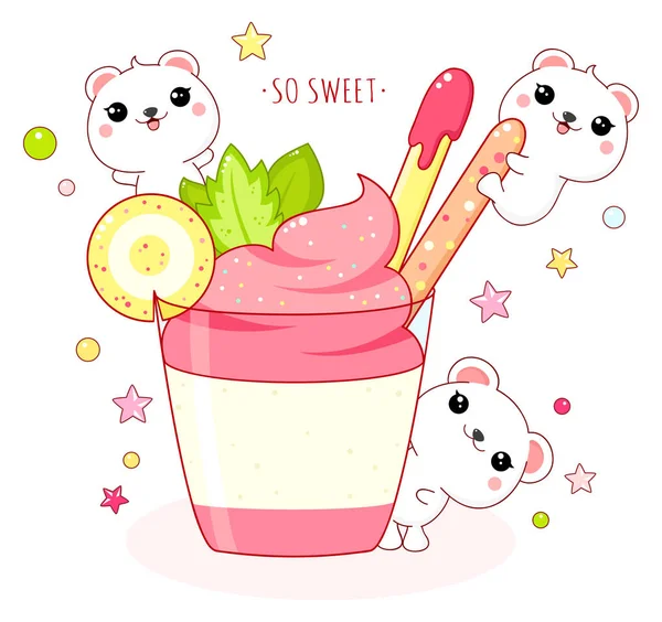 Lovely polar bears with strawberry ice cream — Stock Vector