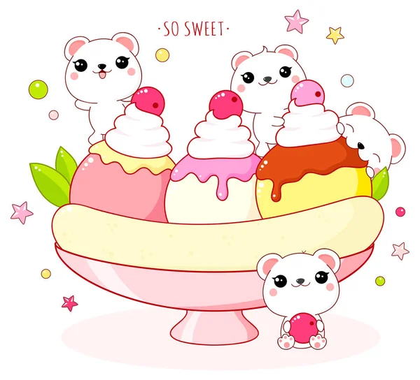 Preciosos osos osos polares con banana split — Vector de stock