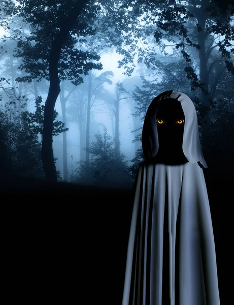 Spooky monster in hooded cloak in misty forest — Stock Photo, Image