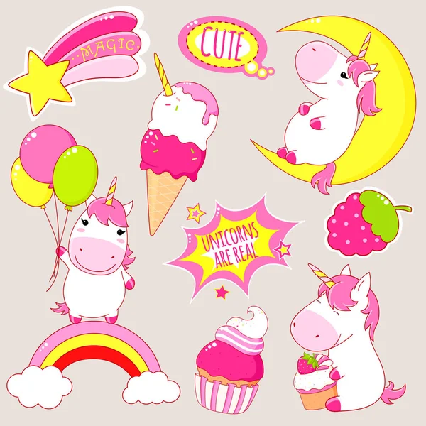 Ensemble d'autocollants mignons licornes dans le style kawaii — Image vectorielle