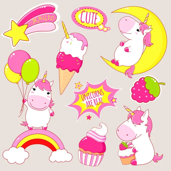 Set of cute unicorns stickers in kawaii style — Stock Vector