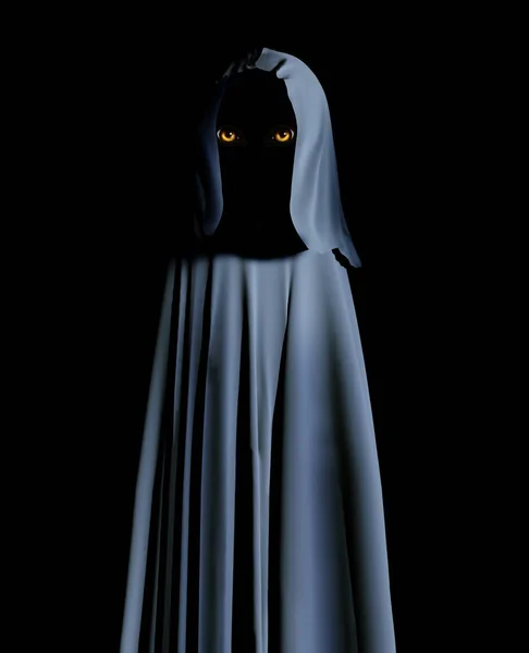 Spooky monster in hooded cloak with glowing yellow eyes — Stock Photo, Image