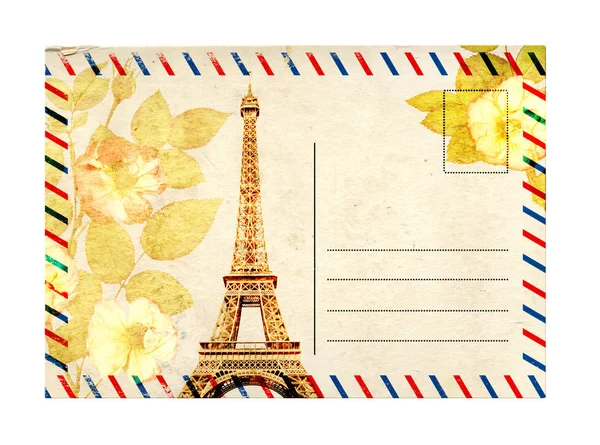 Vintage postikortti Eiffel-torni ja ruusun kukkia — kuvapankkivalokuva
