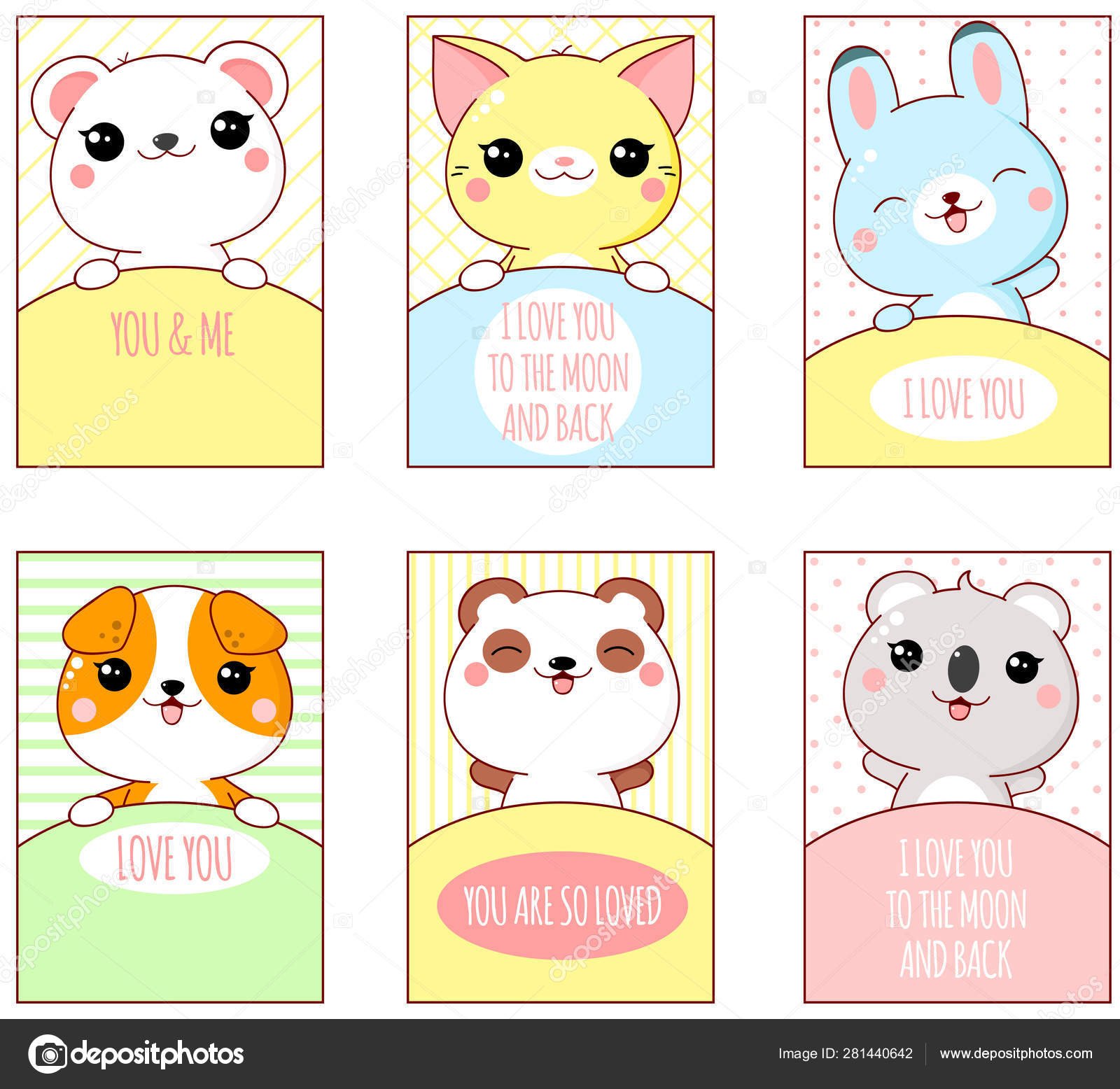 Set of cute Valentine's day stickers with cats in kawaii style