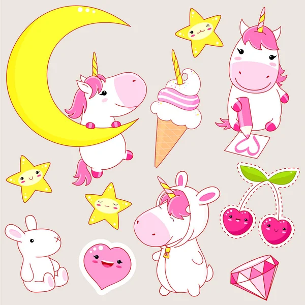 Set di simpatici adesivi unicorni in stile kawaii — Vettoriale Stock