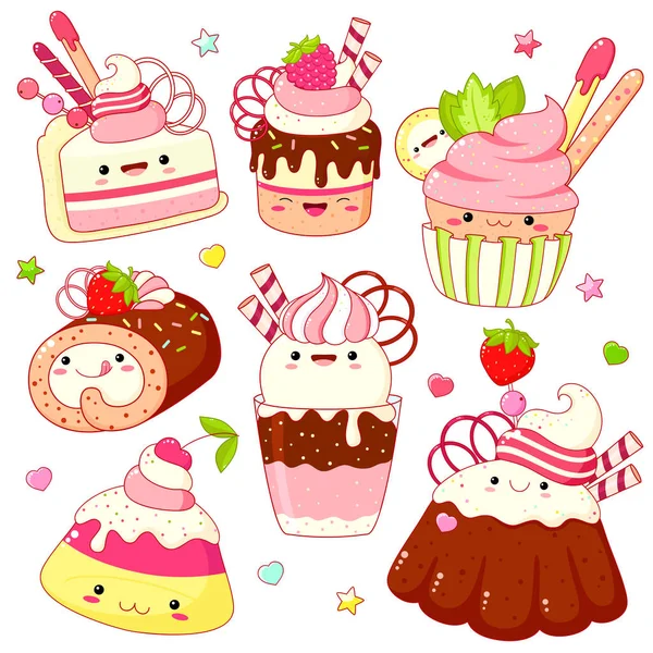 Conjunto de lindos iconos dulces en estilo kawaii — Vector de stock