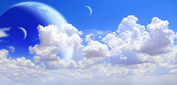 Fantastic sky with white clouds and three planets — Stock Photo, Image