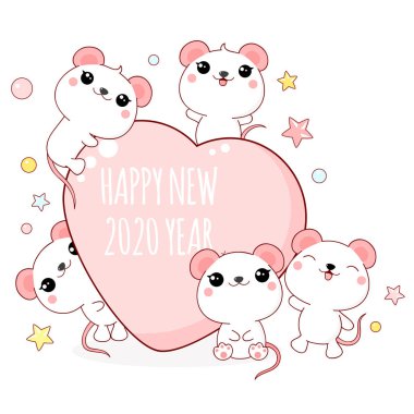 Kawaii tarzında Cute Happy Yeni 2020 yıl kartı