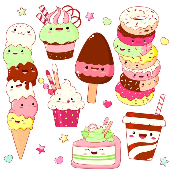Kawaii风格的一组可爱的甜图标 — 图库矢量图片