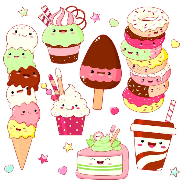 Conjunto de lindos iconos dulces en estilo kawaii — Vector de stock