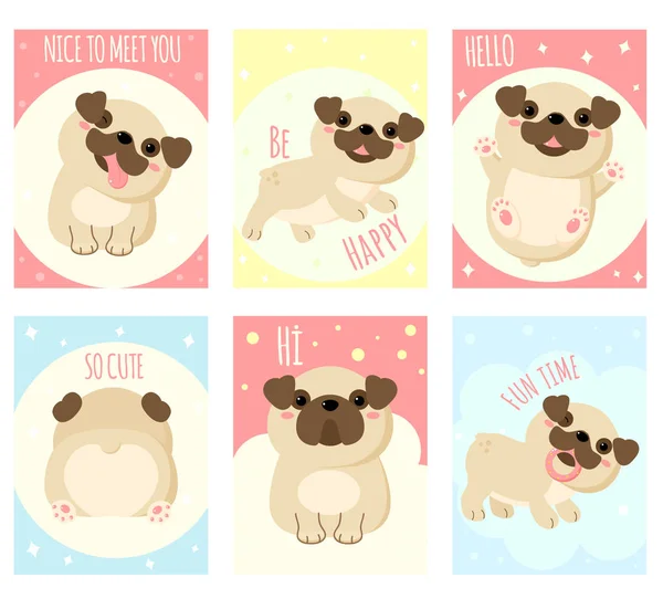 Conjunto de pancartas con pugs lindos — Vector de stock