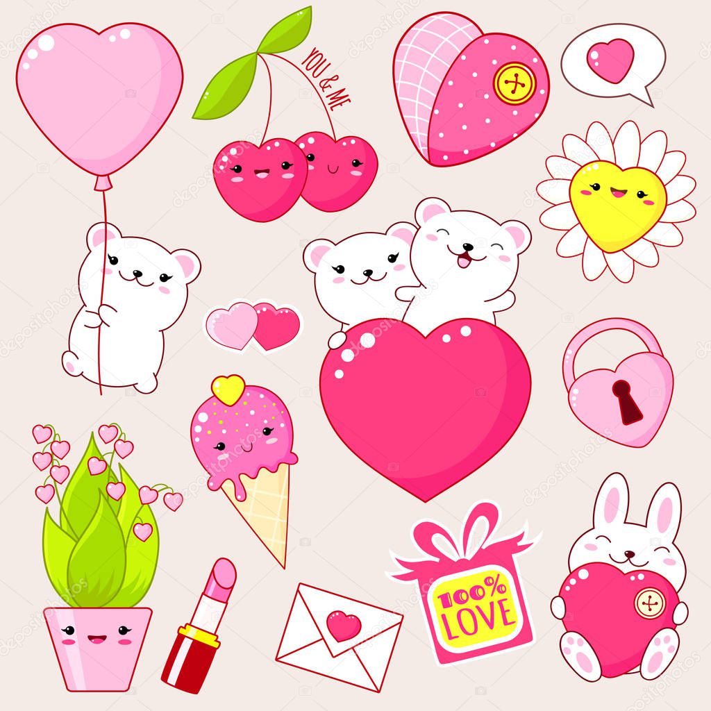 Set of cute Valentine's day icons in kawaii style