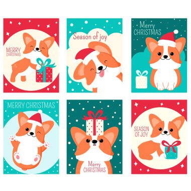 Noel hediyesi etiketi, kart, rozet, şirin Corgi etiketi. 