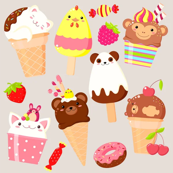 Collection of animal shaped ice cream — Stock Vector