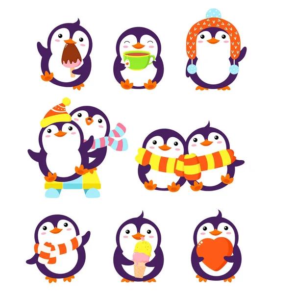 Conjunto de pinguins de desenhos animados bonitos em diferentes poses — Vetor de Stock