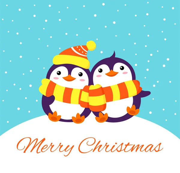 Cartão de Natal com bonitos pinguins de desenhos animados — Vetor de Stock
