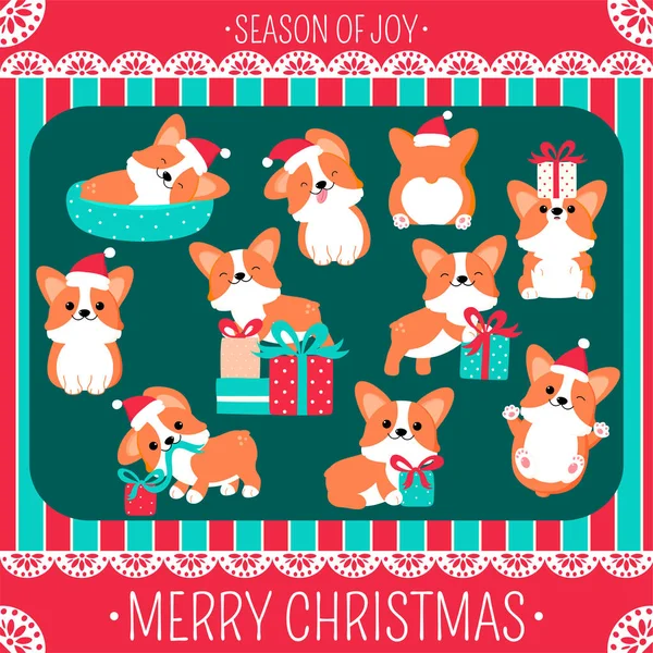 Christmas set with cute corgi — Stock Vector