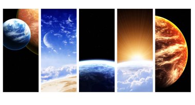 Gezegenleri, nebulası ve yıldızları olan dikey uzay pankartları. Bu görüntülerin elementleri NASA tarafından döşenmiştir. 3d hazırlayıcı