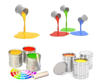 İnşaat, kavanozlarda farklı renklerde boyanır. Metal kaplarda paten ve boya var. Konserve kutusundan akan boya. Beyaz arka planda izole edilmiş. 3d hazırlayıcı
