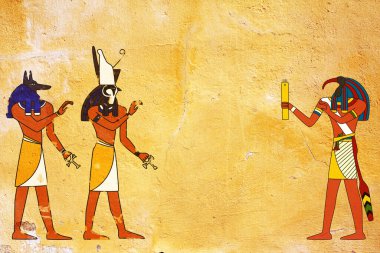 Grunge arka planında Mısır tanrıları Anubis, Toth ve Horus 'u ve eski sarı renkli sıva dokusunu görmektedir. Şablon oluşturun. Metin için alanı kopyala