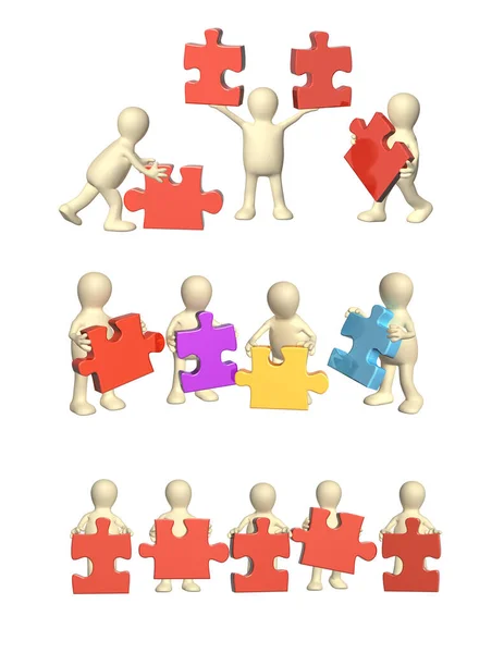 Success Teamwork Set Mans Part Puzzles Red Color Isolated White — Stock Photo, Image