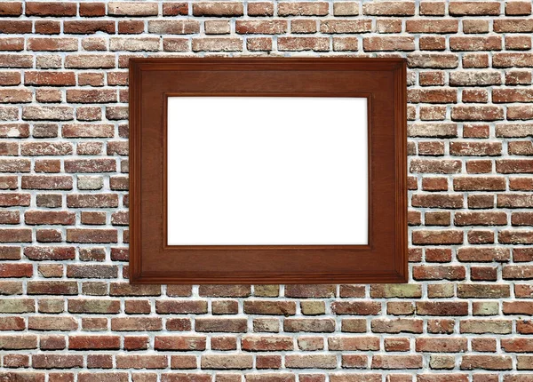 古老的木制空画框在古老的砖墙上 复盖在房间墙壁上的空白框架 模拟模板 文本的复制空间 — 图库照片