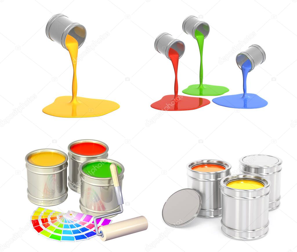 Construction paints in different colors in a jars. Roller and paints in metal containers. Paint flowing out of a can. Isolated on white background. 3d render