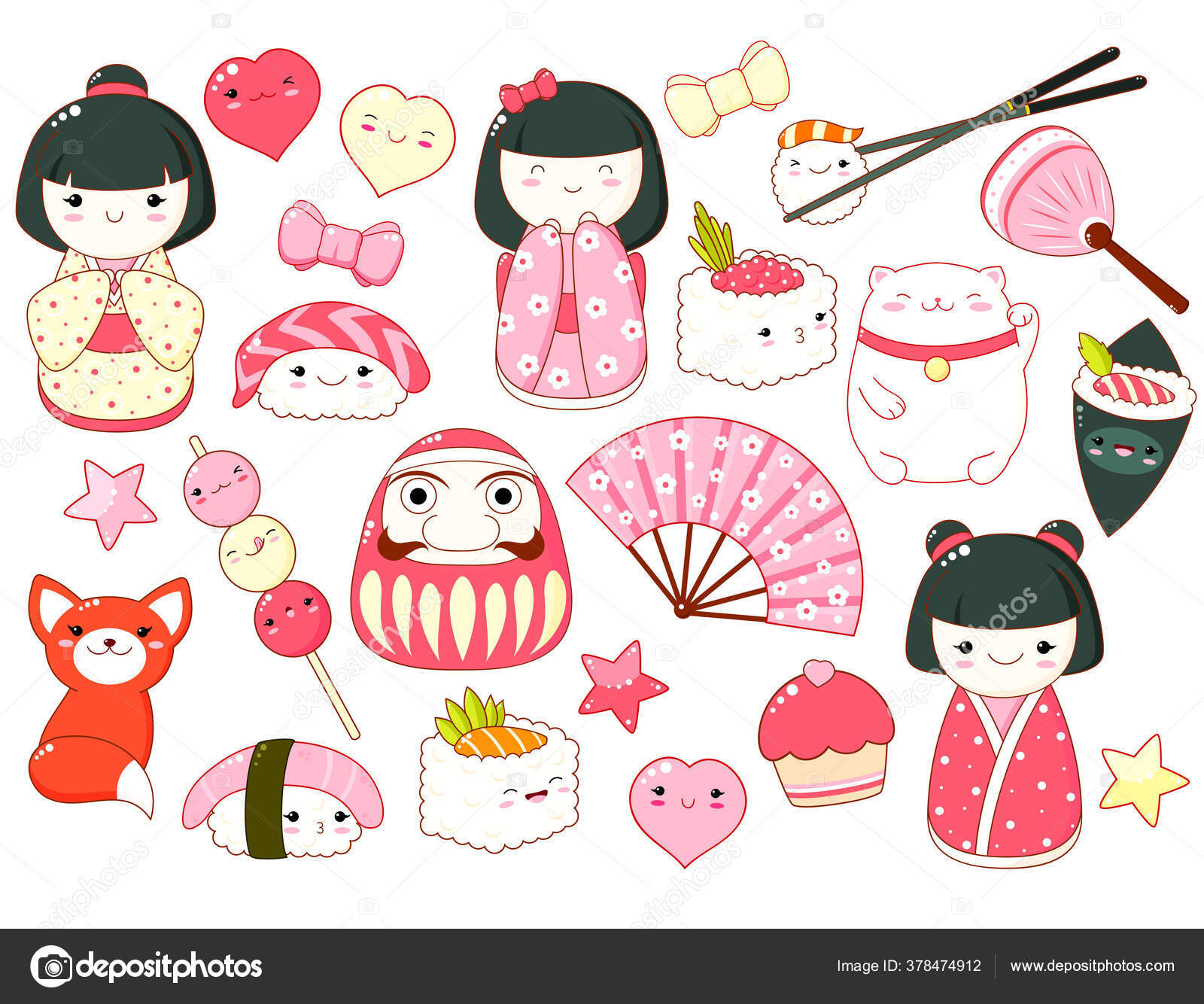 Set Cute Icons Kawaii Style Japanese Traditional Toy Kokeshi Doll Stock  Vector by ©frenta 378474912