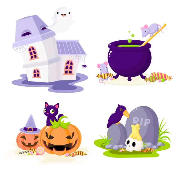Sada Kreslených Postaviček Halloweenu Myši Čarodějnický Kotel Duch Strašidelném Domě — Stockový vektor