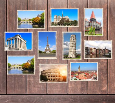 Eski ahşap tahtaların üzerinde Avrupa 'nın simgelerinin eski resimlerinin olduğu klasik seyahat geçmişi. Paris 'teki Eyfel Kulesi, Pisa Kulesi Roma' daki Colosseum, Amsterdam 'daki eski evler.