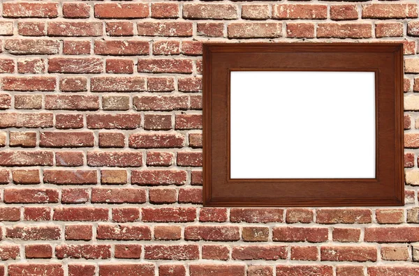 古老的木制空画框在古老的砖墙上 复盖在房间墙壁上的空白框架 模拟模板 文本的复制空间 — 图库照片