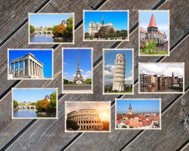 Eski ahşap tahtaların üzerinde Avrupa 'nın simgelerinin eski resimlerinin olduğu klasik seyahat geçmişi. Paris 'teki Eyfel Kulesi, Pisa Kulesi Roma' daki Colosseum, Amsterdam 'daki eski evler.