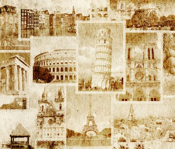 Vintage Resa Bakgrund Med Retro Bilder Europeiska Landmärken Eiffeltornet Paris — Stockfoto