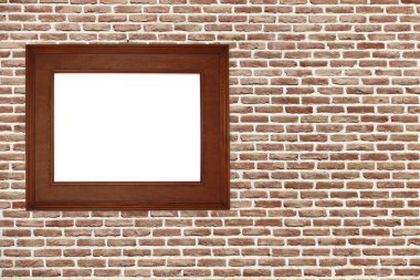 Eski tuğla duvarda eski, ahşap, boş bir çerçeve. Oda duvarındaki eski boş çerçeve. Şablon oluşturun. Metin için alanı kopyala