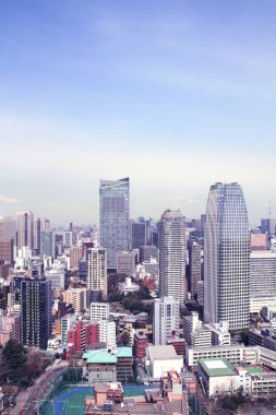 Tokyo 'nun havadan görünüşü - Japonya' nın başkenti, Asya. Tokyo Kulesi 'nden görüntü. Fotoğraf mavi tonda.