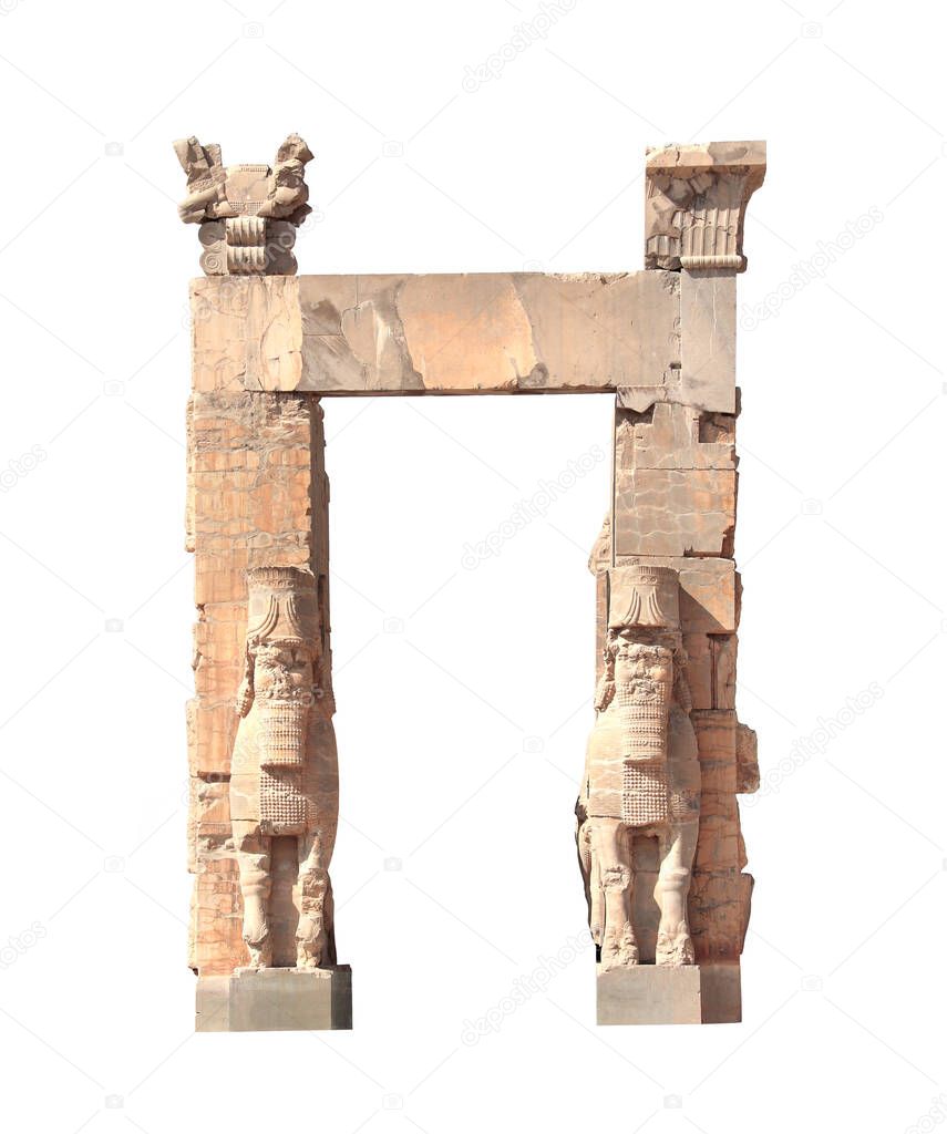 Front view of Gate of All Nations (Xerxes Gate) with stone statues of lamassu in ancient city Persepolis, Iran. UNESCO world heritage site. Isolated on white background