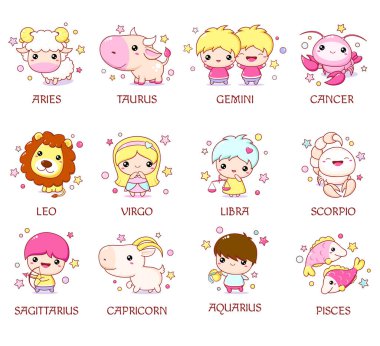 Kawaii tarzında bir dizi burç karakteri. Şirin chibi bebek ve hayvan. Kova, balık burcu, arpacık, aslan burcu, boğa burcu, akrep burcu, yay burcu, terazi burcu, başak burcu, kanser. Vektör illüstrasyonu EPS8