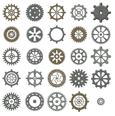 Retro vites ikonu koleksiyonu. Vector vintage şanzıman dişlileri ve dişliler. Beyaz arka planda izole edilmiş. Endüstriyel, teknik, mekanik ve steampunk tasarımı için kullanılabilir. 3d hazırlayıcı