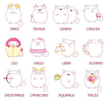 Kedi burcu. Kawaii tarzında bir burç seti. Akvaryum kostümlü şirin kediler, balık burcu, aslan burcu, gemini, boğa, akrep, yay burcu, terazi, başak burcu, oğlak burcu, kanser. Vektör EPS8