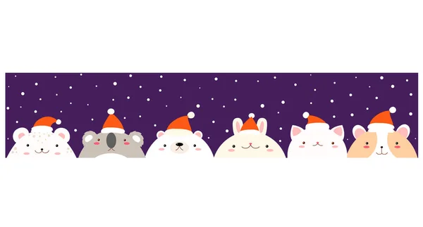 Χριστούγεννα Οριζόντια Πανό Χαριτωμένα Ζώα Στο Καπέλο Σάντα Πρόσωπα Υπέροχης — Διανυσματικό Αρχείο