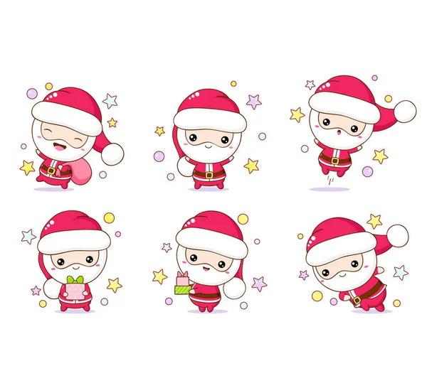 一套Kawaii风格的圣诞老人 收集具有不同情绪和情况的可爱的圣诞老人条款 带着礼物 圣诞节的设计 Eps8 — 图库矢量图片