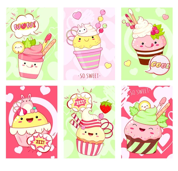 Conjunto Cartas Con Lindos Postres Dulces Estilo Kawaii Con Cara — Archivo Imágenes Vectoriales