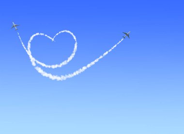 Two aircrafts draw a heart in the sky. Flight route of aircraft in shape of a heart. Love concept for traveling the world. Copy space for text clipart