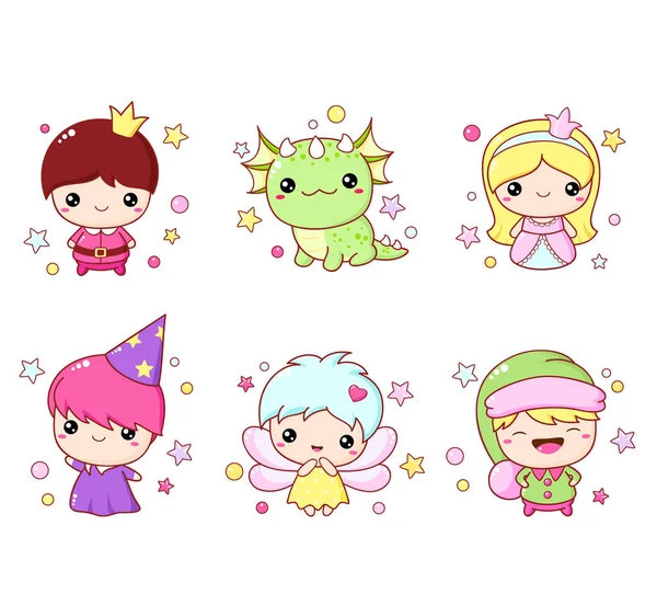 Set Kawaii Fairy Tale Characters Little Fairy Prince Princess Dragon — Stock Vector
