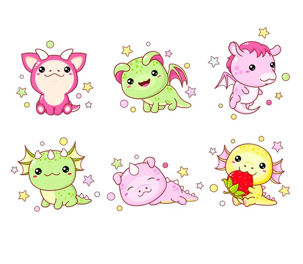 Ensemble Personnages Conte Fées Kawaii Petit Dragon Dans Différentes Poses — Image vectorielle