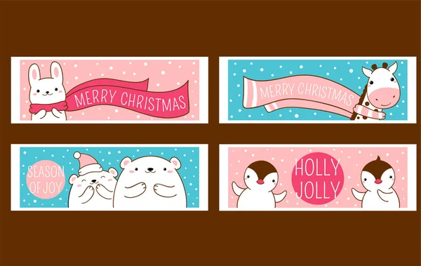 Set Christmas Horizontal Banners Cute Animals Faces Lovely Polar Bear — Stock Vector