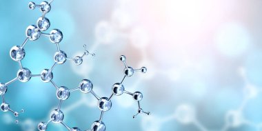 Mavi arka planda soyut moleküler yapının modelleri. Metnin için alanı kopyala. Şablon oluşturun. 3d hazırlayıcı